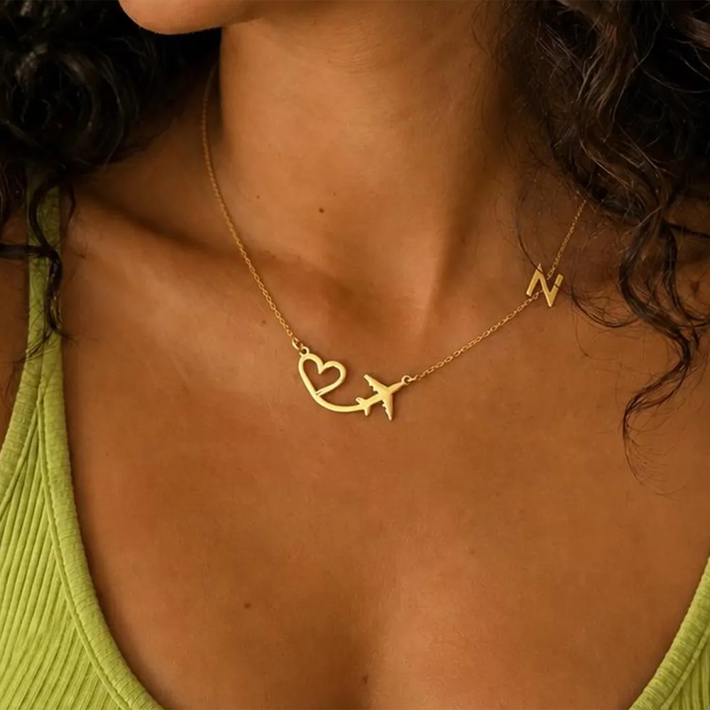 Custom Name Necklace Stainless Steel - Kişiselleştirilmiş Kalp Uçak İlk Harf Kolye
