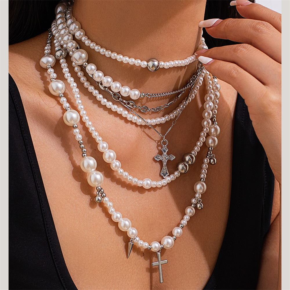Layered Pendant Necklace Aesthetic - Çok katmanlı İmitasyon İnci Boncuk Zincir