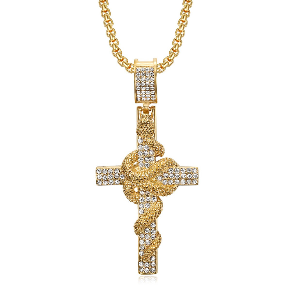 Cross Pendant Necklace Gold - Yılan Desenli Oyma Paslanmaz Çelik Çapraz