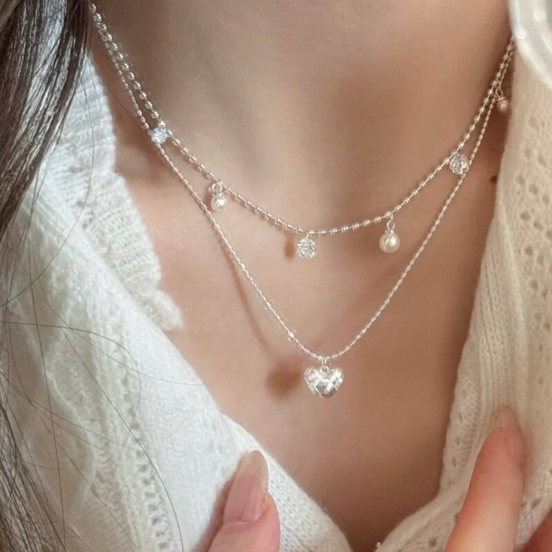 Layered Pendant Necklace Aesthetic - Çift Katmanlı Gümüş Boncuklu Gerdanlık Minik