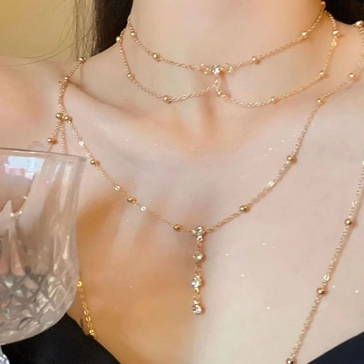 Layered Pendant Necklace Aesthetic - Seksi estetik çok katmanlı köpüklü Rhinestone